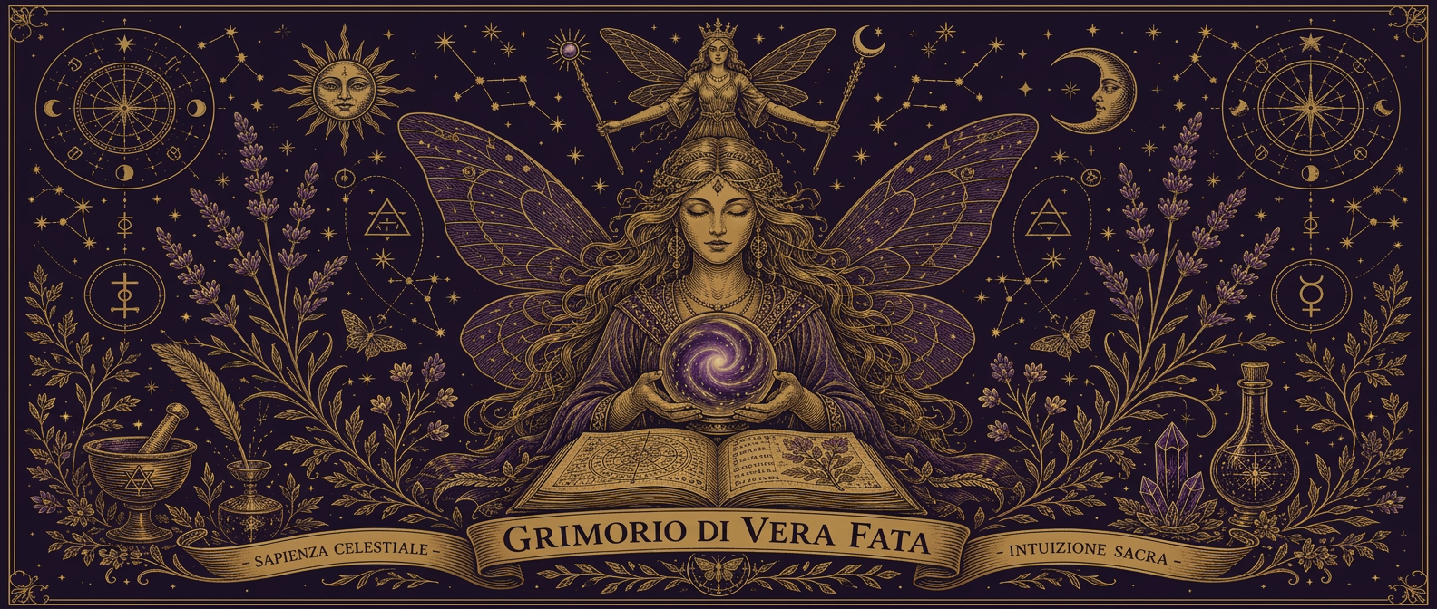 Emblema del Grimorio di Vera Fata: fata alata con sfera di cristallo e libro aperto, in oro su ametista